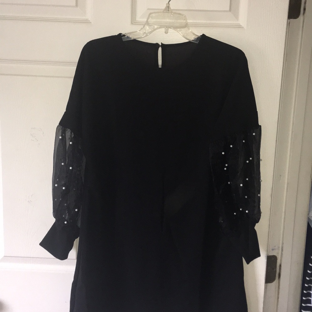 Pearls Beaded Contrast Mesh Sleeve Tunic Dress